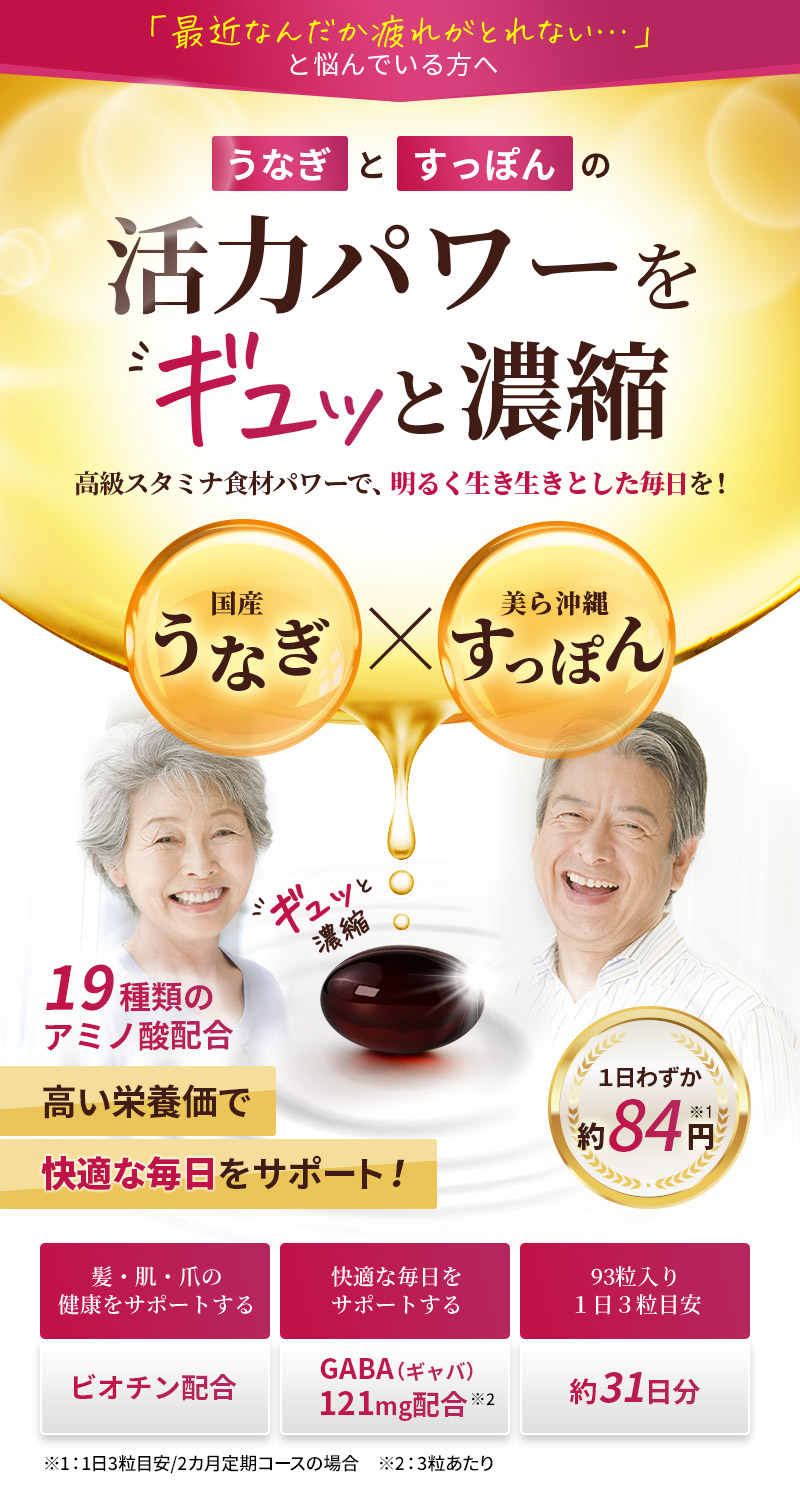 「最近なんだか疲れがとれない」と悩んでいる方へ。国産うなぎと美ら沖縄すっぽんの活力パワーをギュッと濃縮！高級スタミナ食材パワーで、明るく生き生きとした毎日を！健康サポートサプリメント「うなすっぽん」